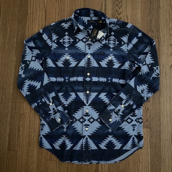 Polo Ralph Lauren Indigo Blue Southwestern Aztec Chambray Button Shirt Mens Sz S